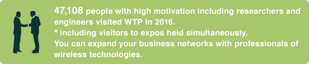 47,108 people with high motivation including researchers and engineers visited WTP in 2016. ※including visitors to expos held simultaneously. You can expand your business networks with professionals of wireless technologies